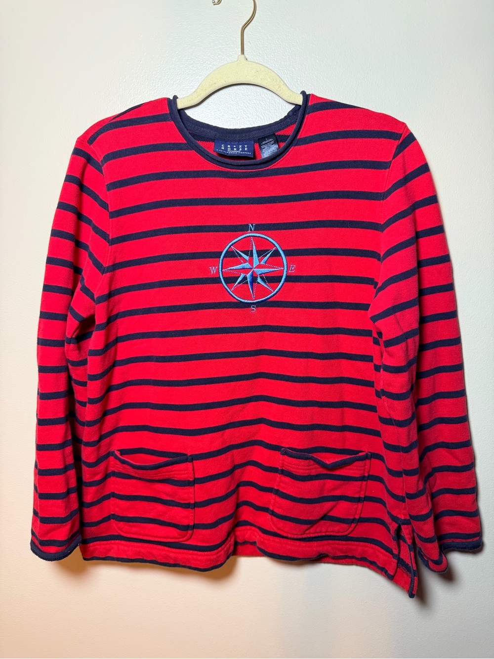 Crazy Horse Red & Navy Striped Embroidered Compass Cotton Pullover Large